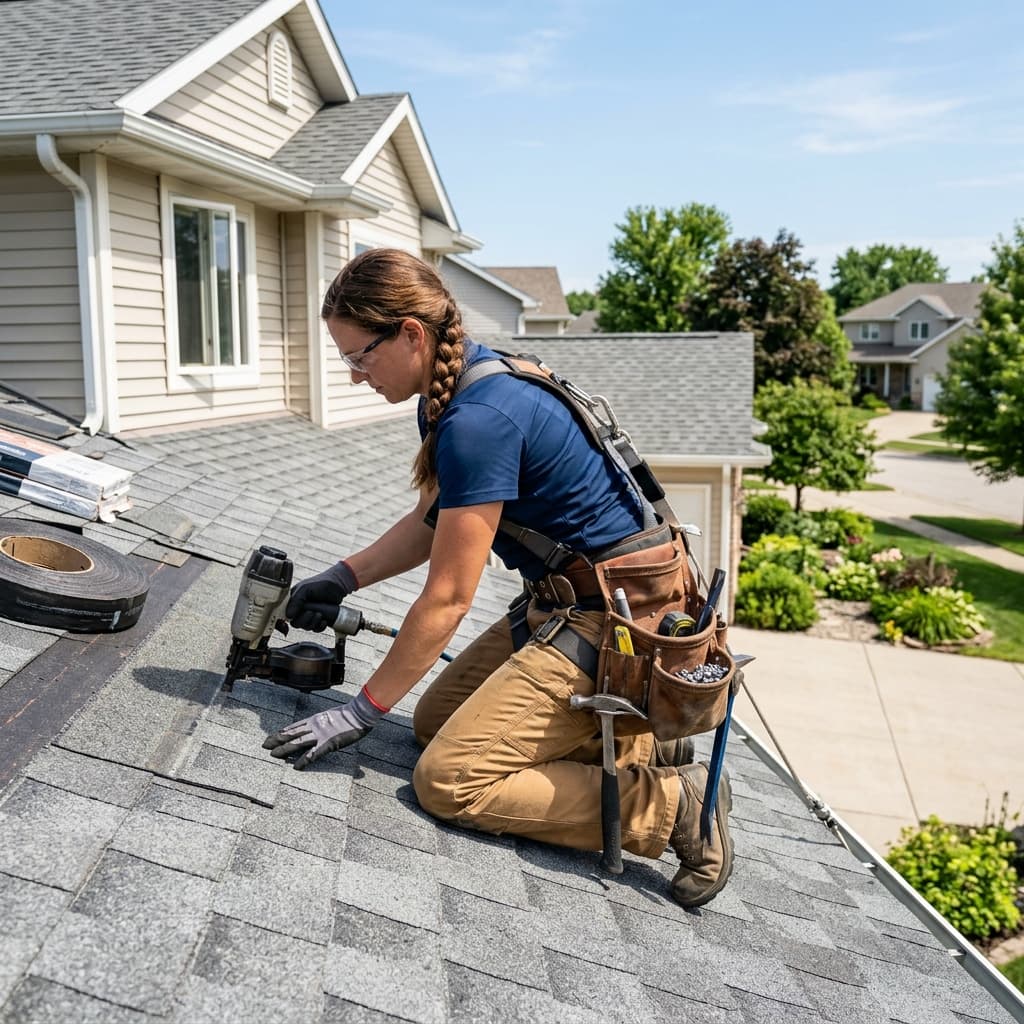 Roofer working on house